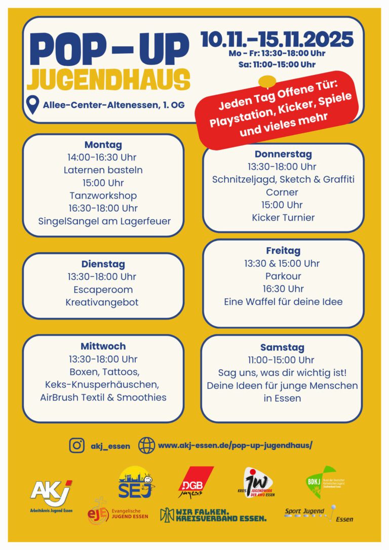Übersicht Wochenprogramm Pop-Up Jugendhaus